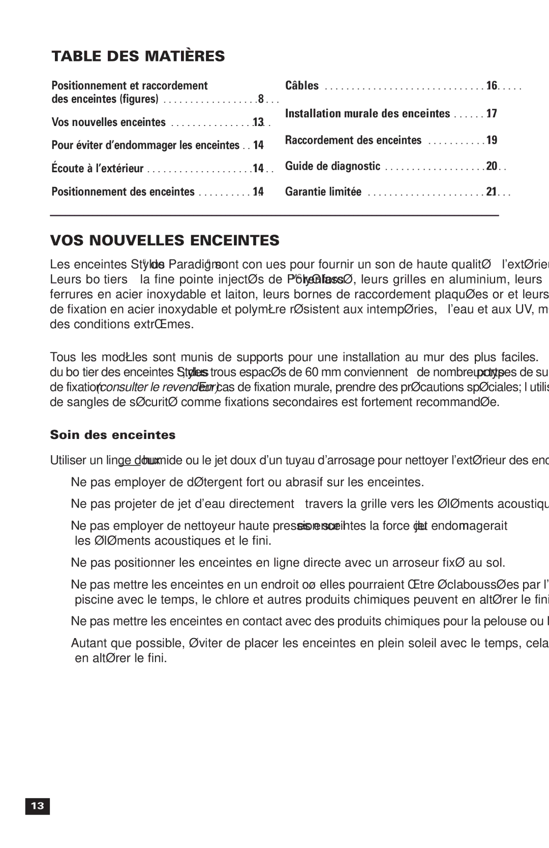 Paradigm OM-121, 270 Table DES Matières, VOS Nouvelles Enceintes, Positionnement et raccordement, Soin des enceintes 