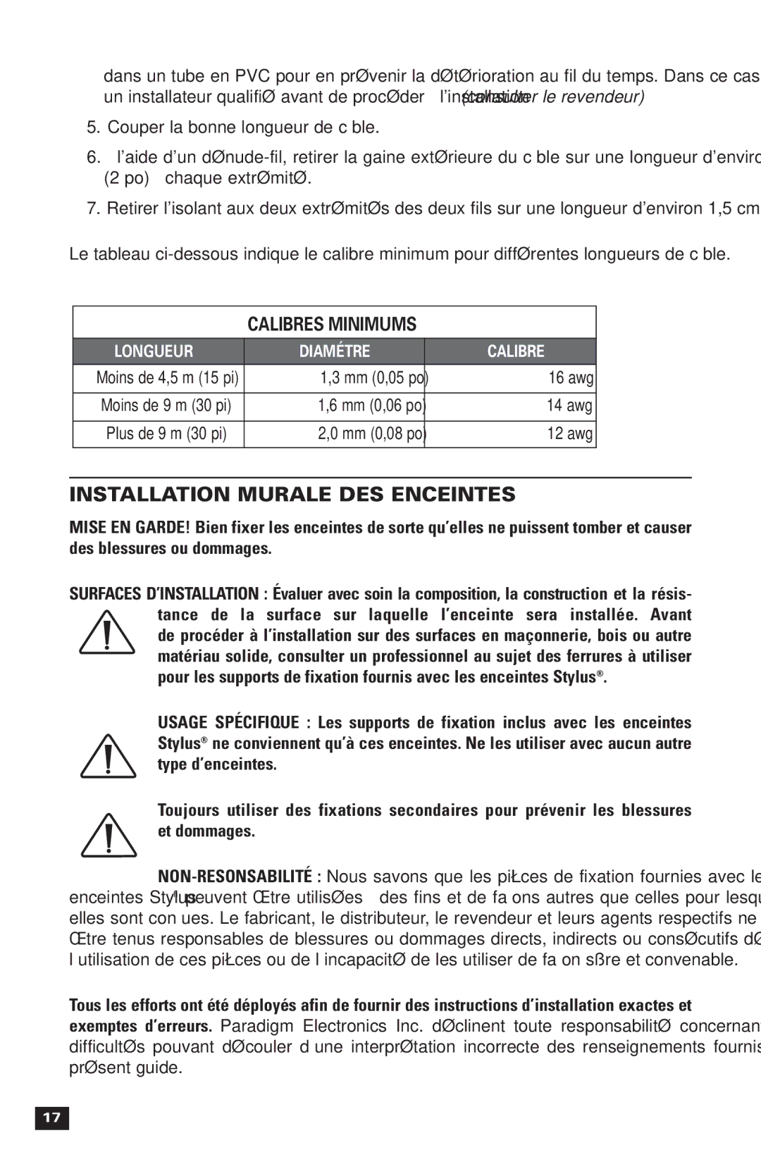 Paradigm Stylus Outdoor Speakers, 270, OM-121 owner manual Installation Murale DES Enceintes, Longueur Diamétre Calibre 