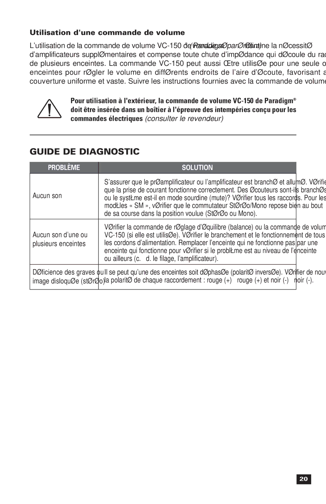 Paradigm Stylus Outdoor Speakers, 270, OM-121 Guide DE Diagnostic, Utilisation dune commande de volume, Problème Solution 