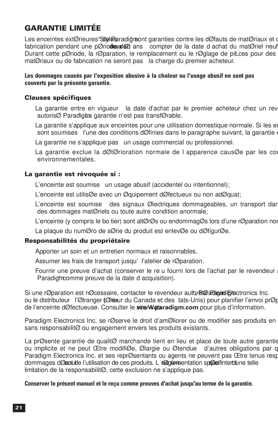 Paradigm 270, Stylus Outdoor Speakers Garantie Limitée, La garantie est révoquée si, Responsabilités du propriétaire 