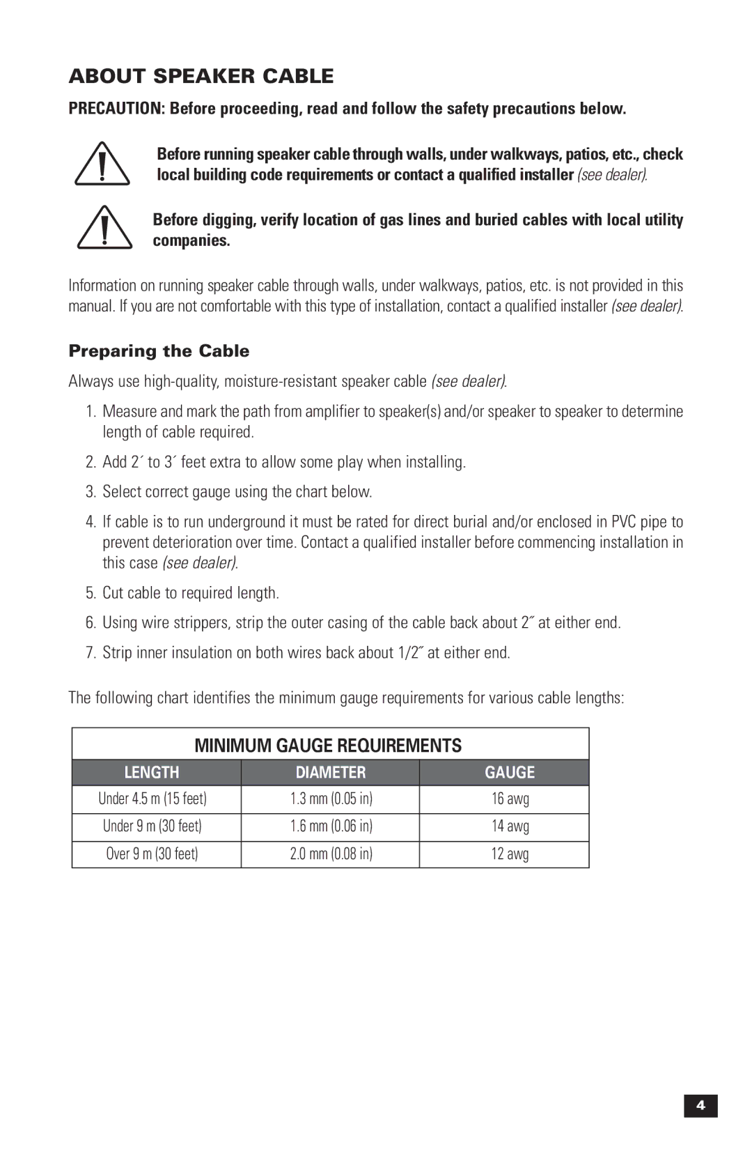 Paradigm OM-121, Stylus Outdoor Speakers, 270 owner manual About Speaker Cable, Preparing the Cable, Length Diameter Gauge 