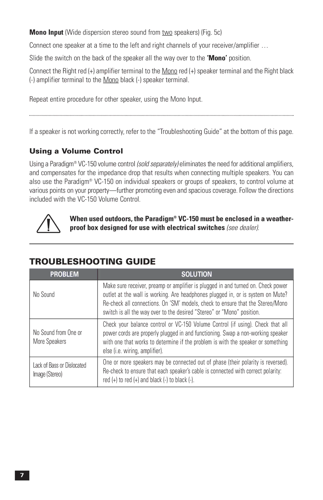 Paradigm OM-121, Stylus Outdoor Speakers, 270 owner manual Troubleshooting Guide, Using a Volume Control, Problem Solution 