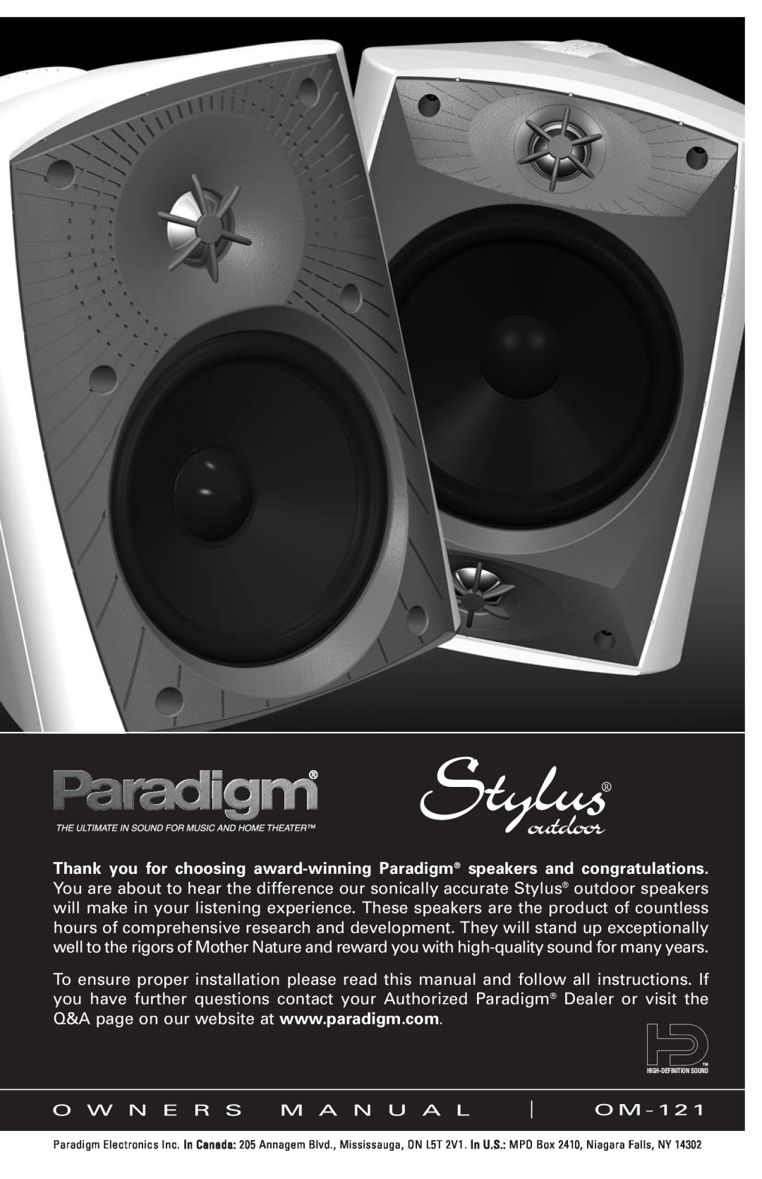 Paradigm 270, Stylus Outdoor Speakers, OM-121 owner manual outdoor, O W N E R S M A N U A L, Om 