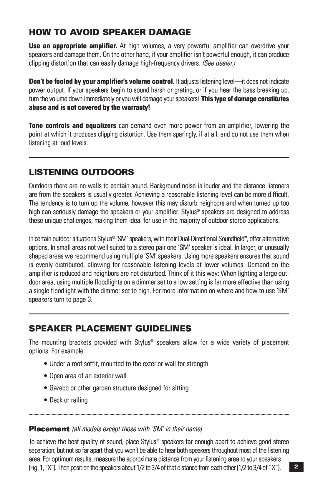 Paradigm Stylus Outdoor Speakers, 270, OM-121 How To Avoid Speaker Damage, Listening Outdoors, Speaker Placement Guidelines 