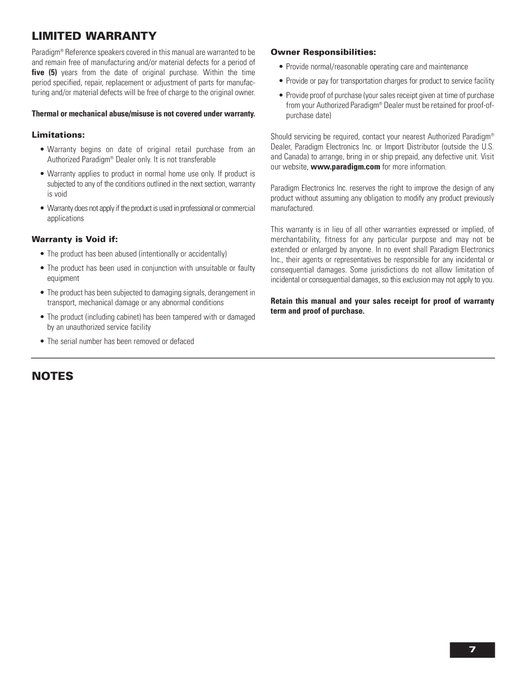 Paradigm OM-560, Surround/ Rear speakers Limited Warranty, Limitations, Warranty is Void if, Owner Responsibilities 
