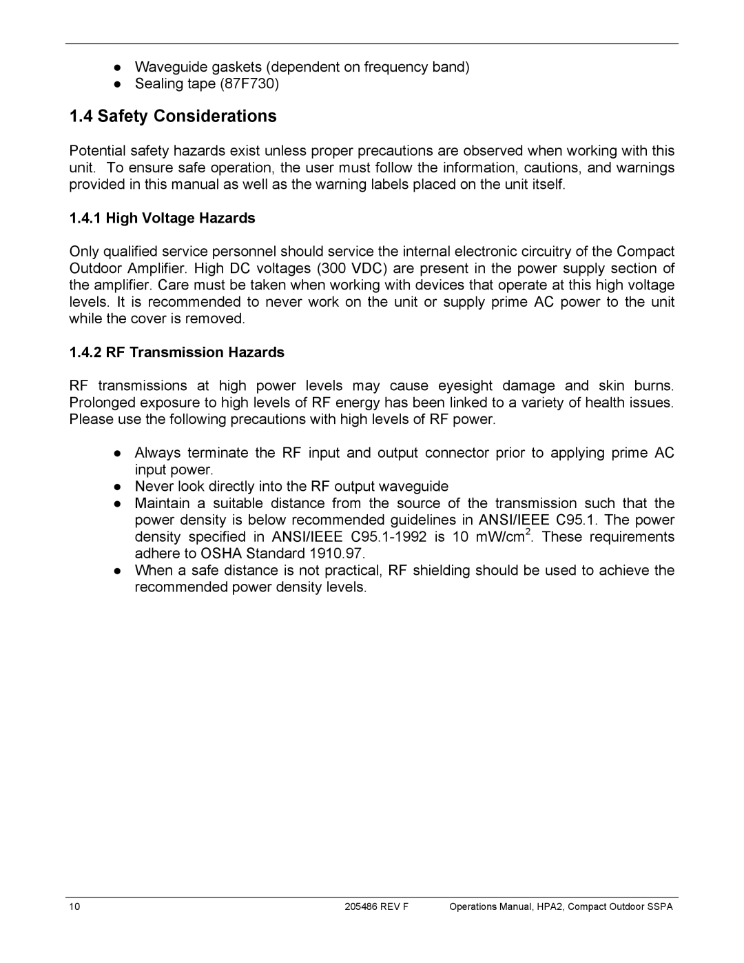 Paradise 205486 REV F manual Safety Considerations, High Voltage Hazards, RF Transmission Hazards 