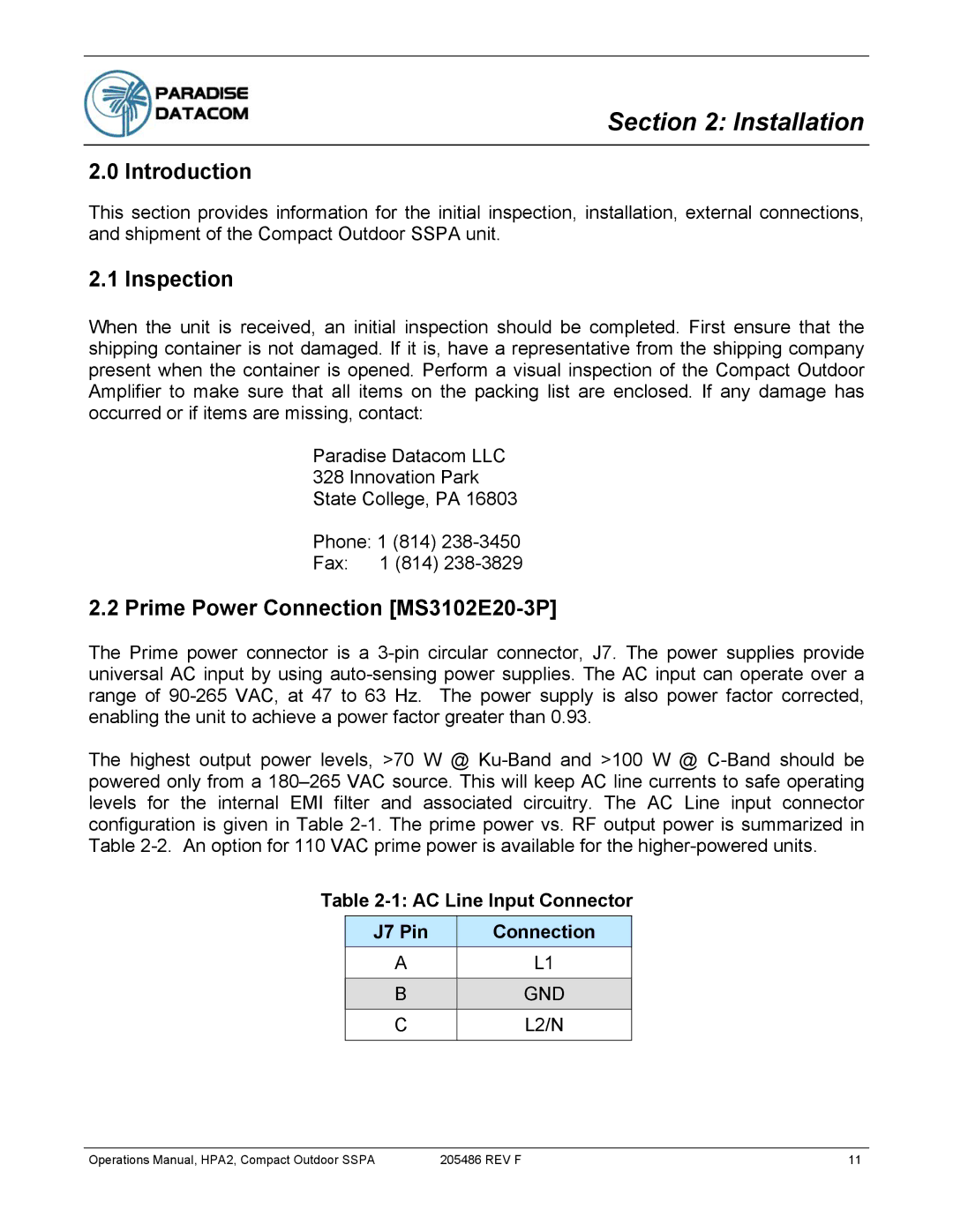 Paradise 205486 REV F manual Installation, Inspection, Prime Power Connection MS3102E20-3P 