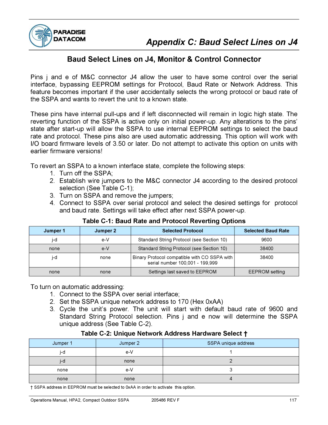 Paradise 205486 REV F manual Appendix C Baud Select Lines on J4, Baud Select Lines on J4, Monitor & Control Connector 