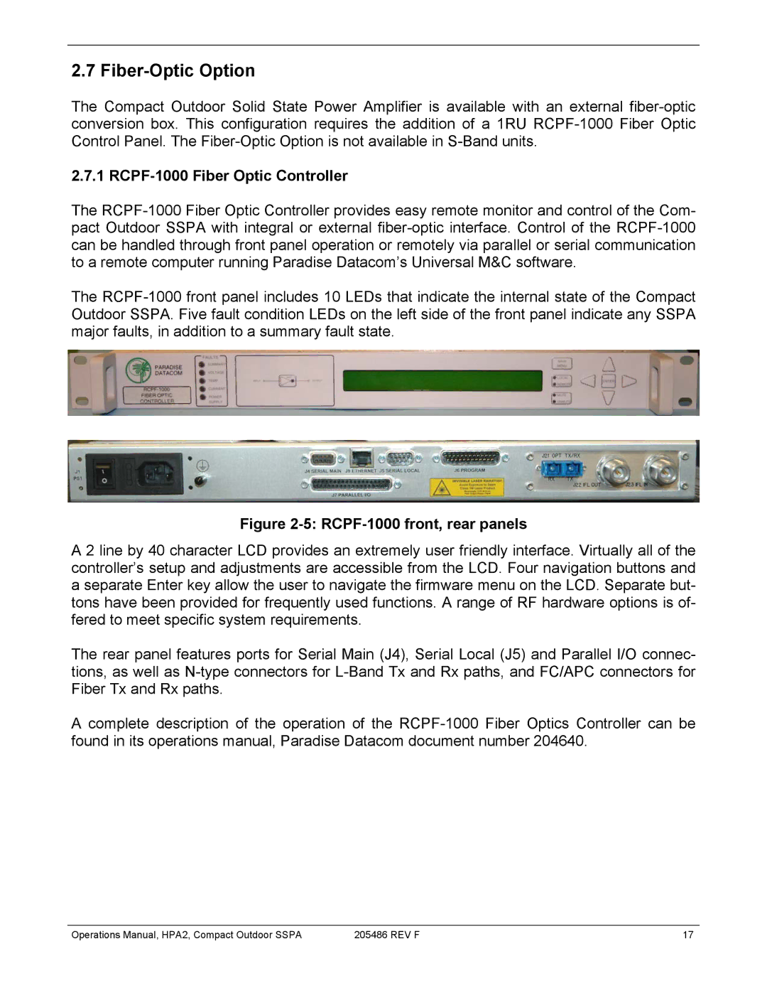 Paradise 205486 REV F manual Fiber-Optic Option, RCPF-1000 Fiber Optic Controller 