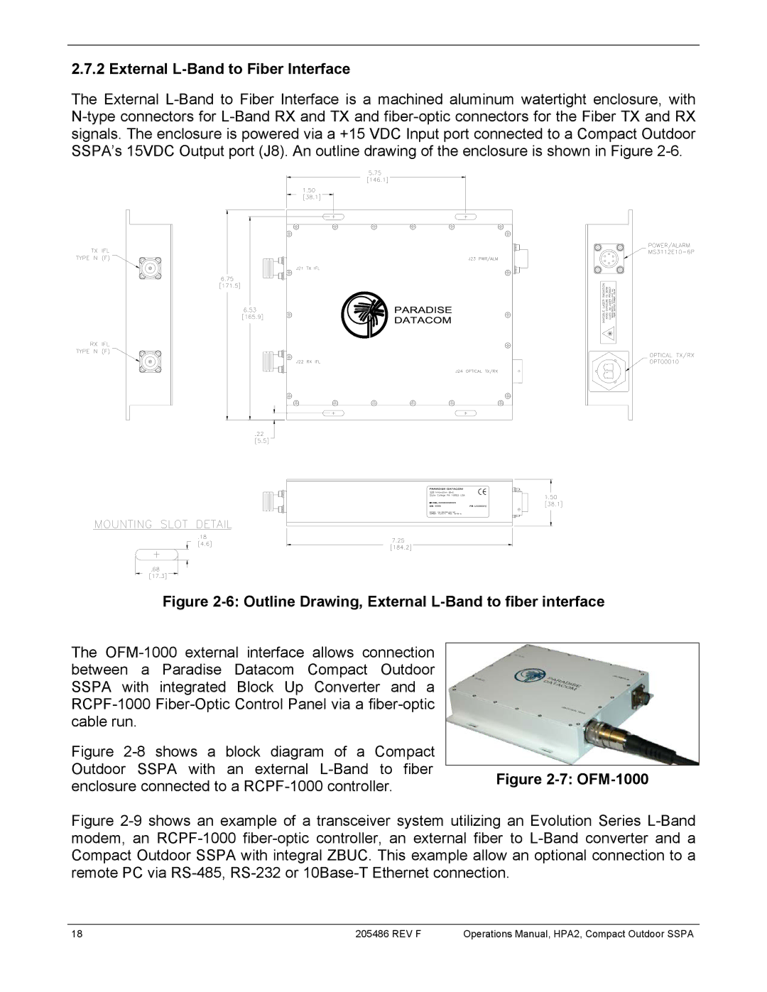 Paradise 205486 REV F manual External L-Band to Fiber Interface, Outline Drawing, External L-Band to fiber interface 