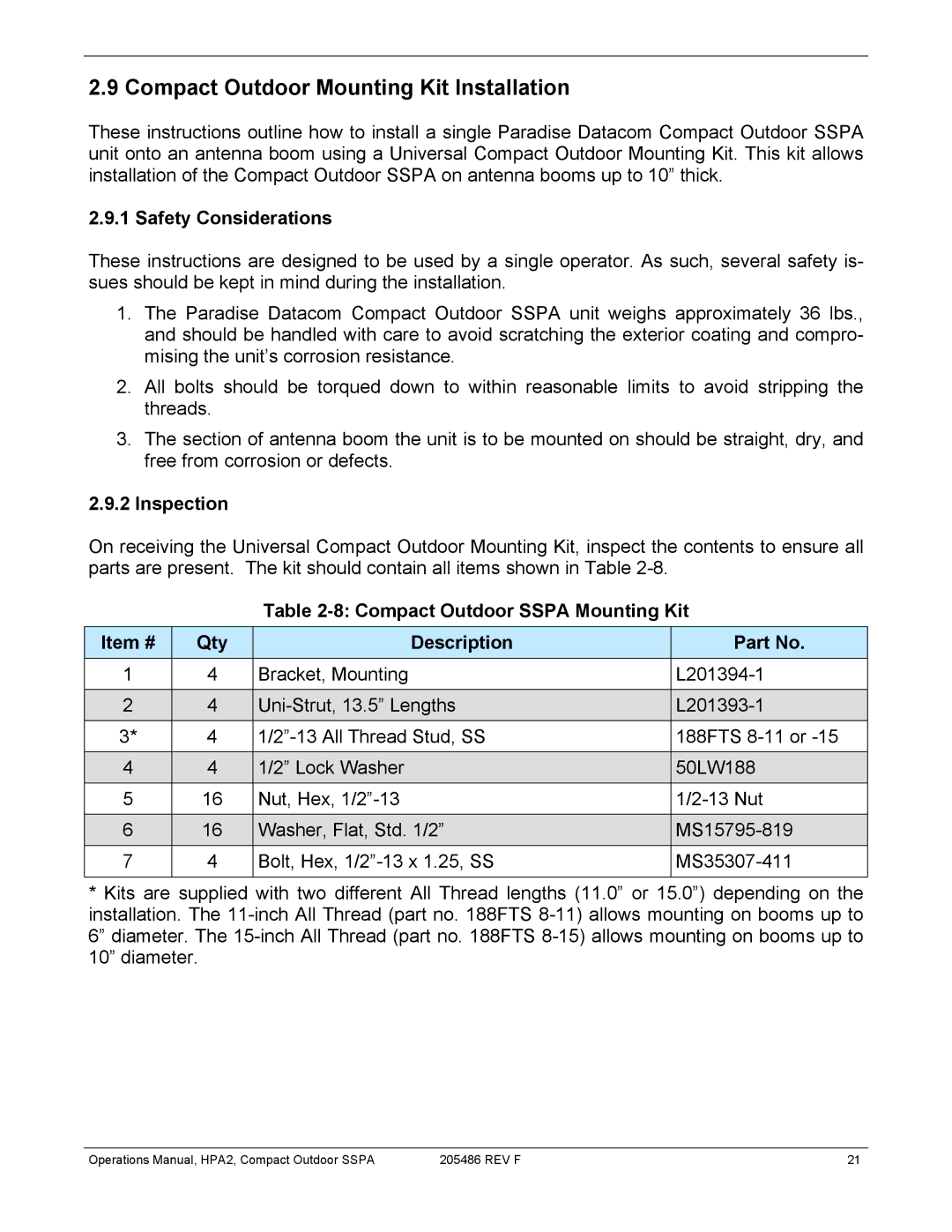 Paradise 205486 REV F manual Compact Outdoor Mounting Kit Installation, Safety Considerations, Inspection 