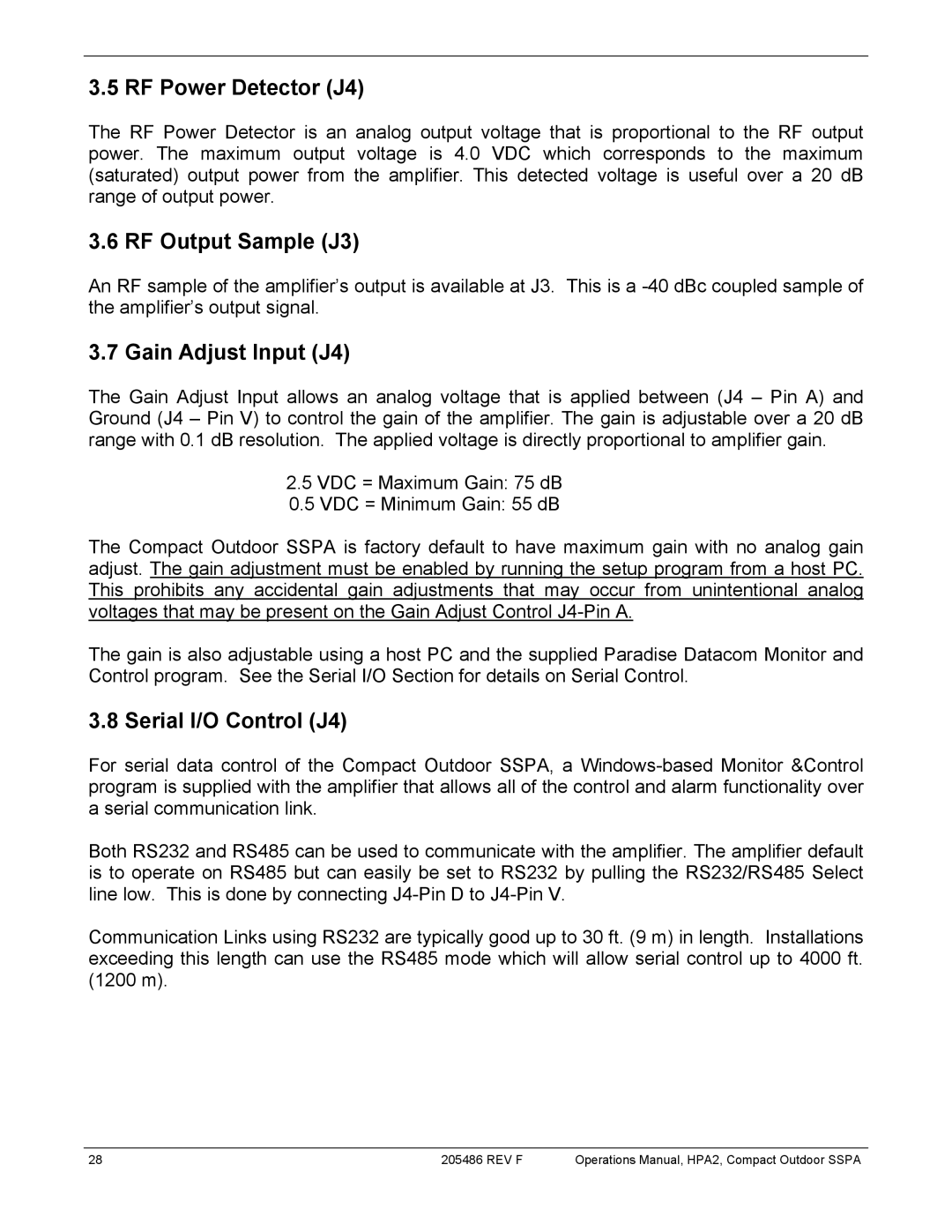 Paradise 205486 REV F manual RF Power Detector J4, RF Output Sample J3, Gain Adjust Input J4, Serial I/O Control J4 