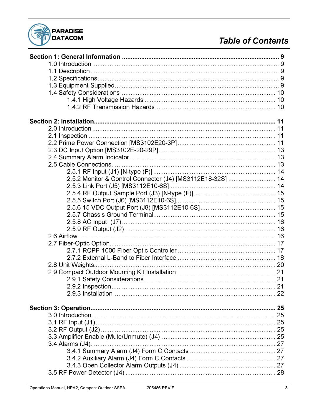 Paradise 205486 REV F manual Table of Contents 