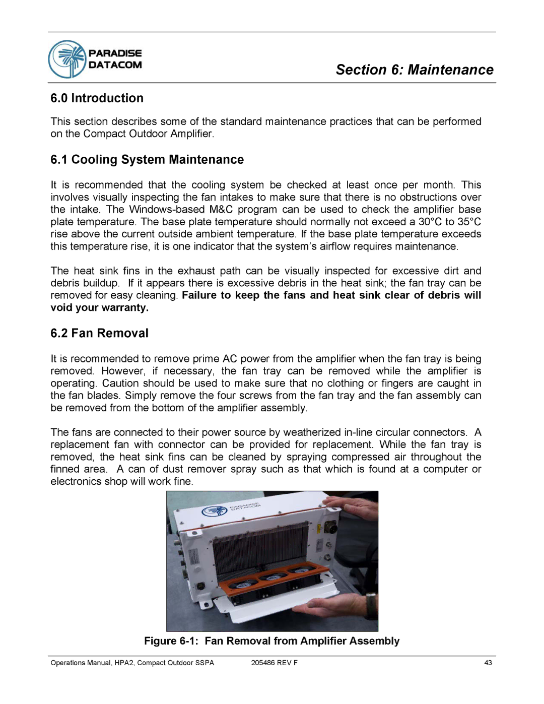 Paradise 205486 REV F manual Cooling System Maintenance, Fan Removal, Void your warranty 