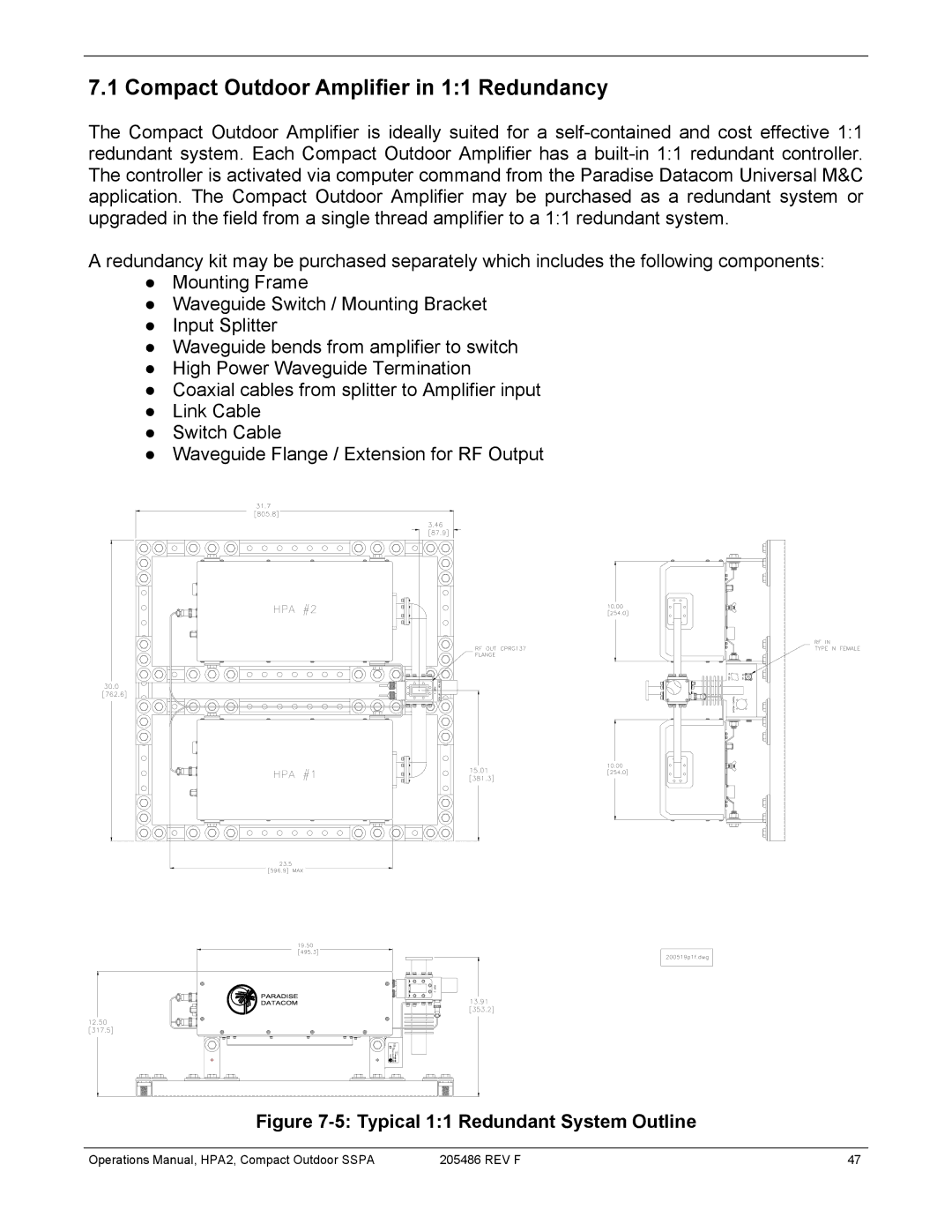 Paradise 205486 REV F manual Compact Outdoor Amplifier in 11 Redundancy, Typical 11 Redundant System Outline 