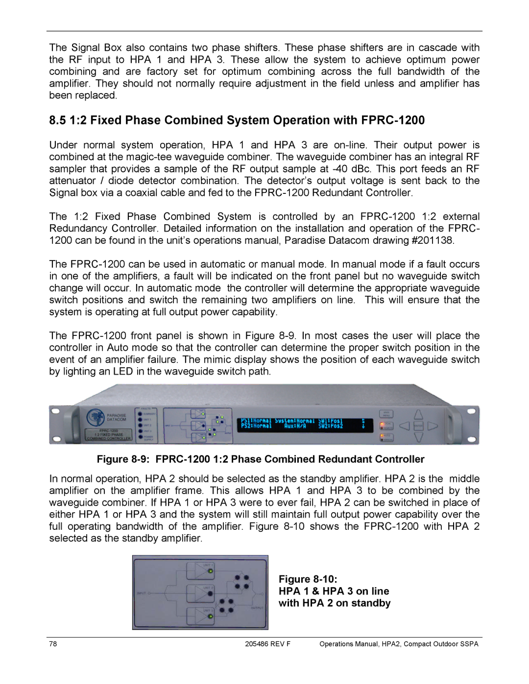 Paradise 205486 REV F Fixed Phase Combined System Operation with FPRC-1200, HPA 1 & HPA 3 on line with HPA 2 on standby 