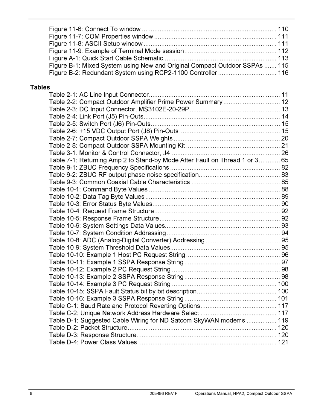 Paradise 205486 REV F manual Connect To window 110, Tables 