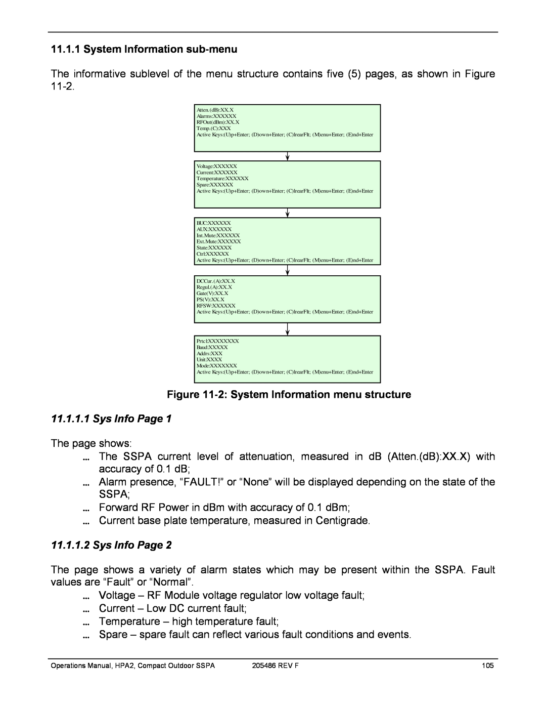 Paradise 205486 REV F manual System Information sub-menu, 2:System Information menu structure, Sys Info Page 