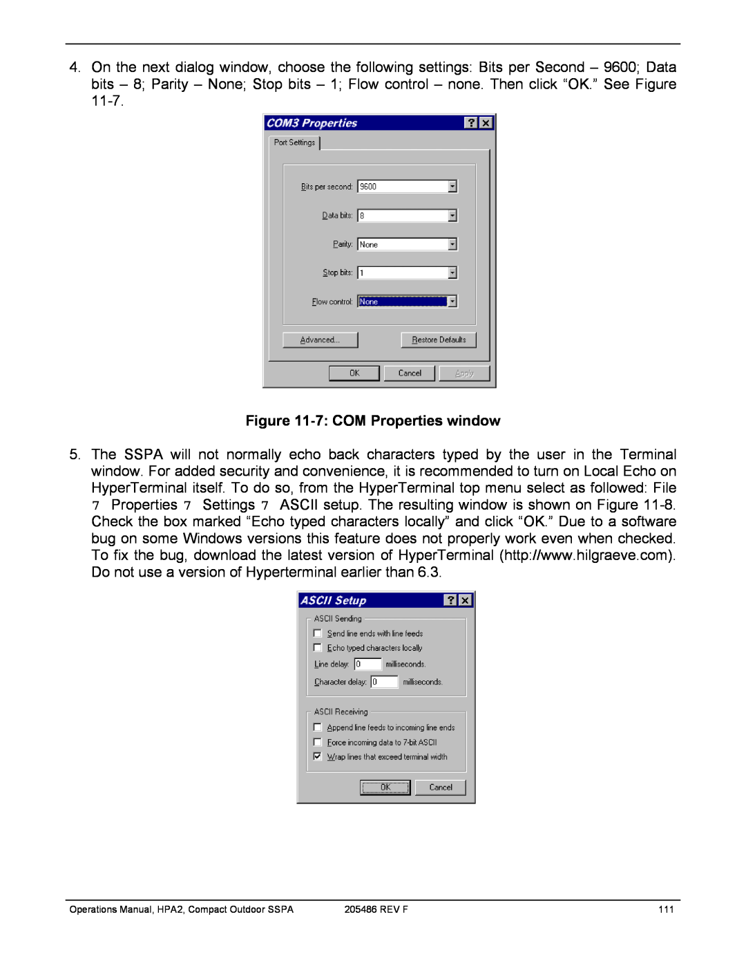 Paradise 205486 REV F manual 7:COM Properties window, Operations Manual, HPA2, Compact Outdoor SSPA, Rev F 