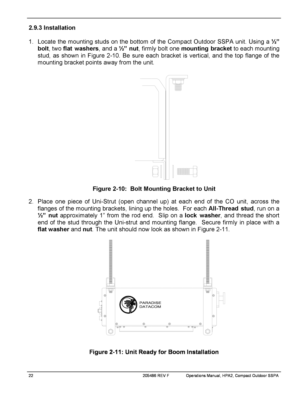 Paradise 205486 REV F manual 10:Bolt Mounting Bracket to Unit, 11:Unit Ready for Boom Installation, Rev F 