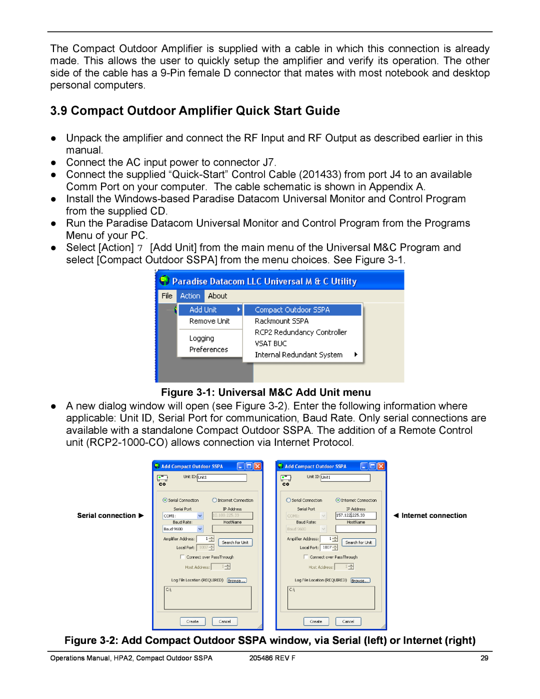 Paradise 205486 REV F manual Compact Outdoor Amplifier Quick Start Guide, 1:Universal M&C Add Unit menu 