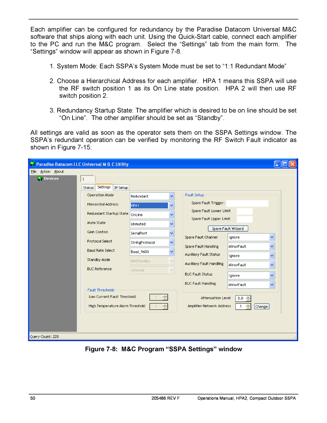 Paradise 205486 REV F manual 8:M&C Program “SSPA Settings” window, Rev F, Operations Manual, HPA2, Compact Outdoor SSPA 