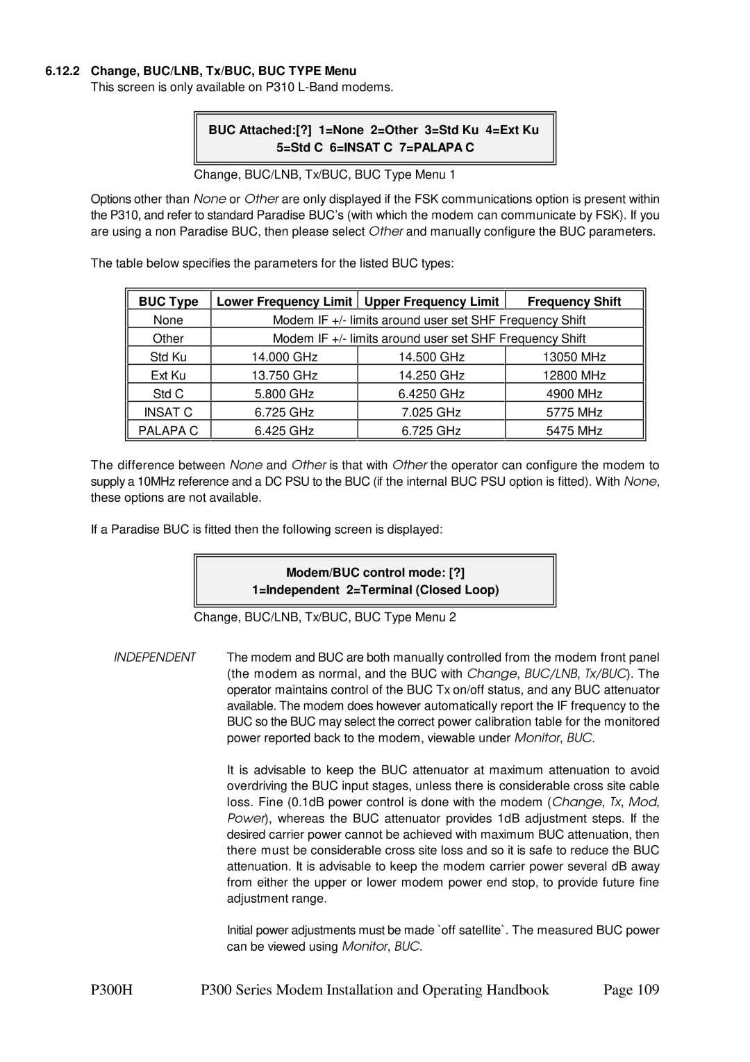 Paradise P300 Change, BUC/LNB, Tx/BUC, BUC Type Menu, Lower Frequency Limit Upper Frequency Limit Frequency Shift 