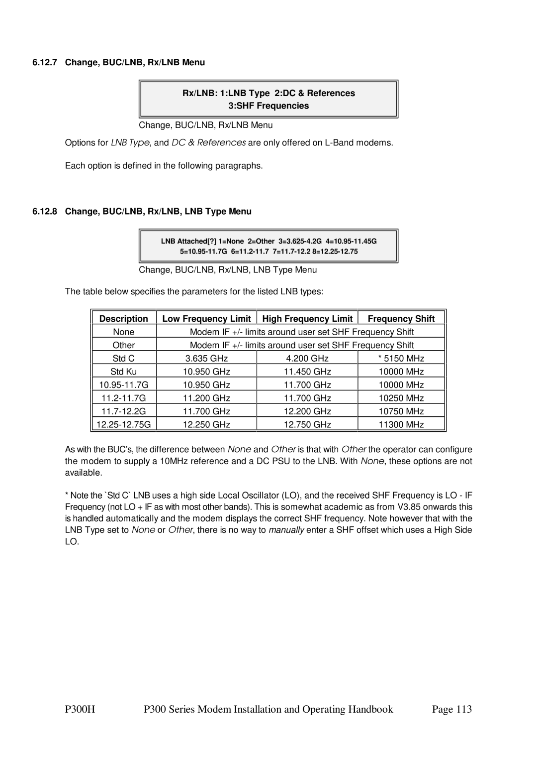 Paradise P300 specifications Change, BUC/LNB, Rx/LNB, LNB Type Menu, Description 