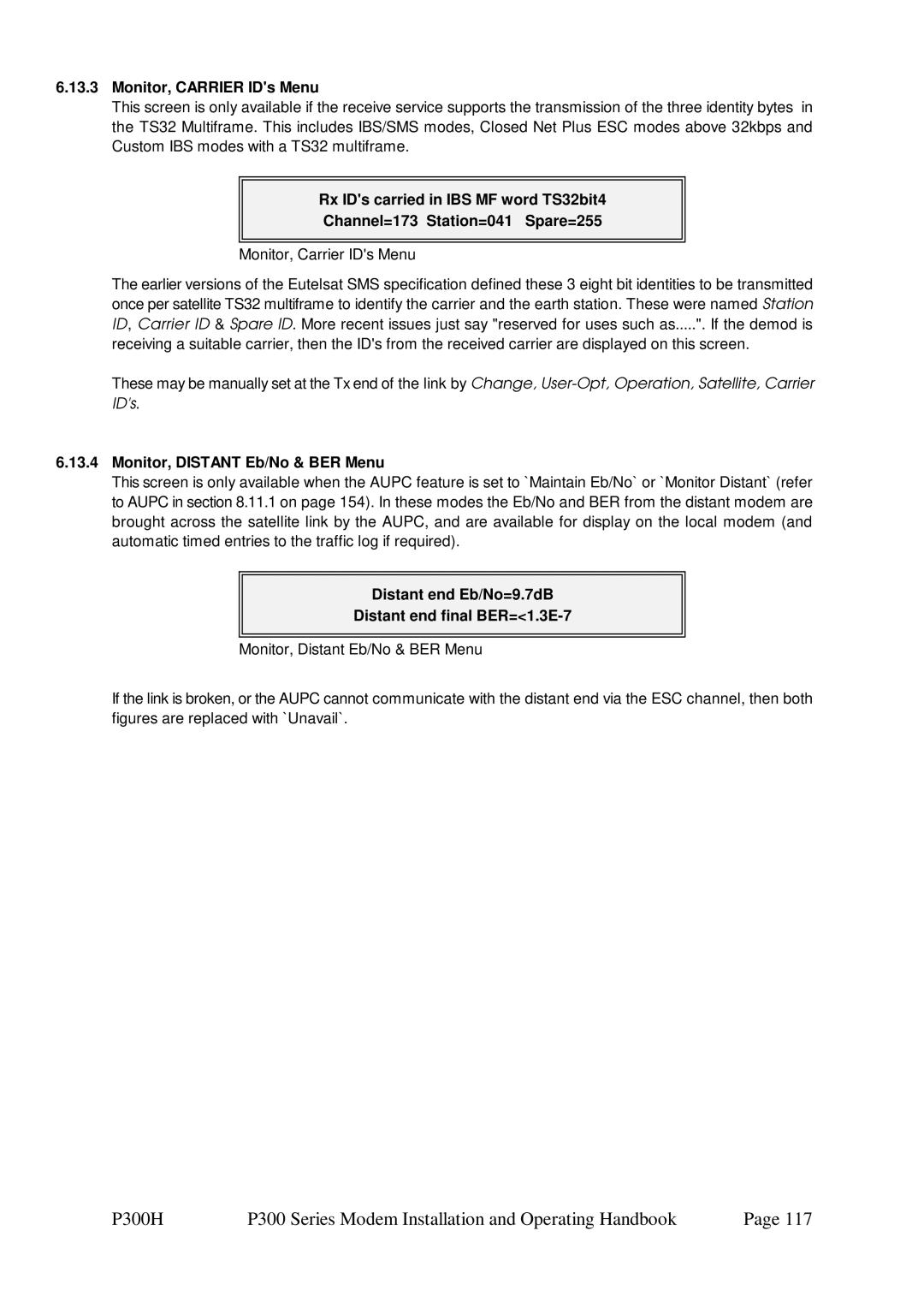 Paradise P300 specifications Monitor, Carrier IDs Menu, Monitor, Distant Eb/No & BER Menu 
