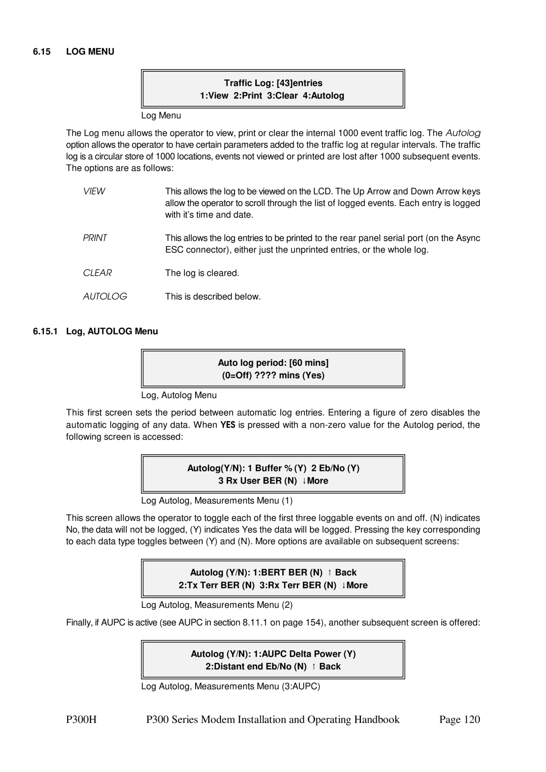 Paradise P300 specifications LOG Menu 