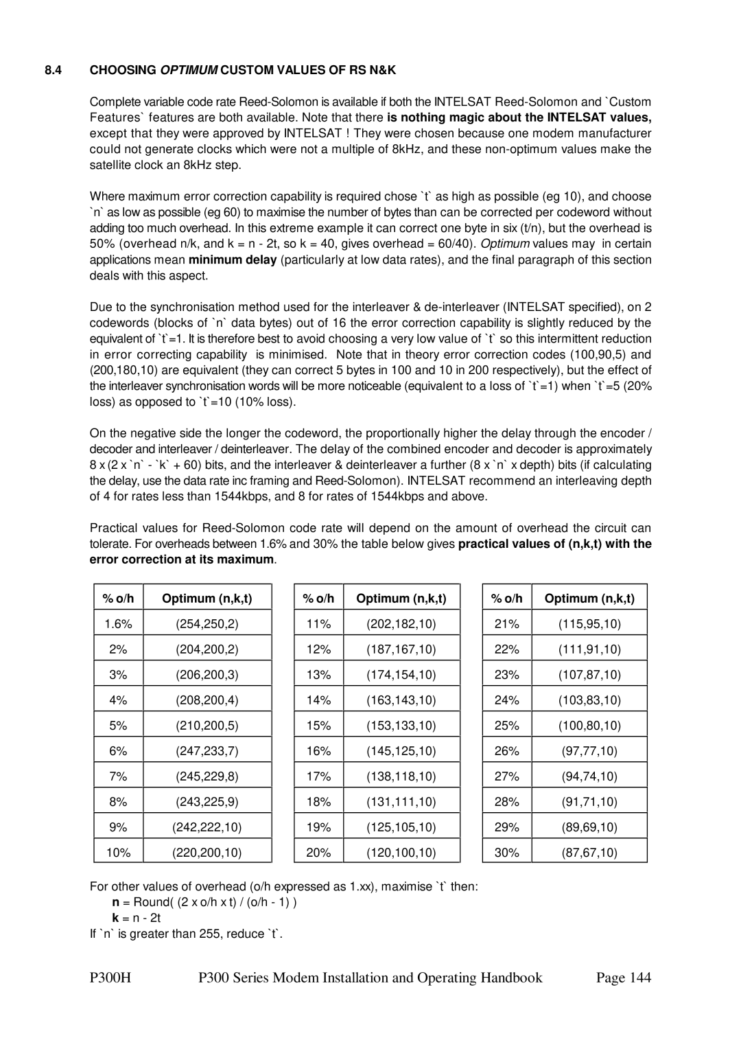 Paradise P300 specifications Choosing Optimum Custom Values of RS N&K, Optimum n,k,t 