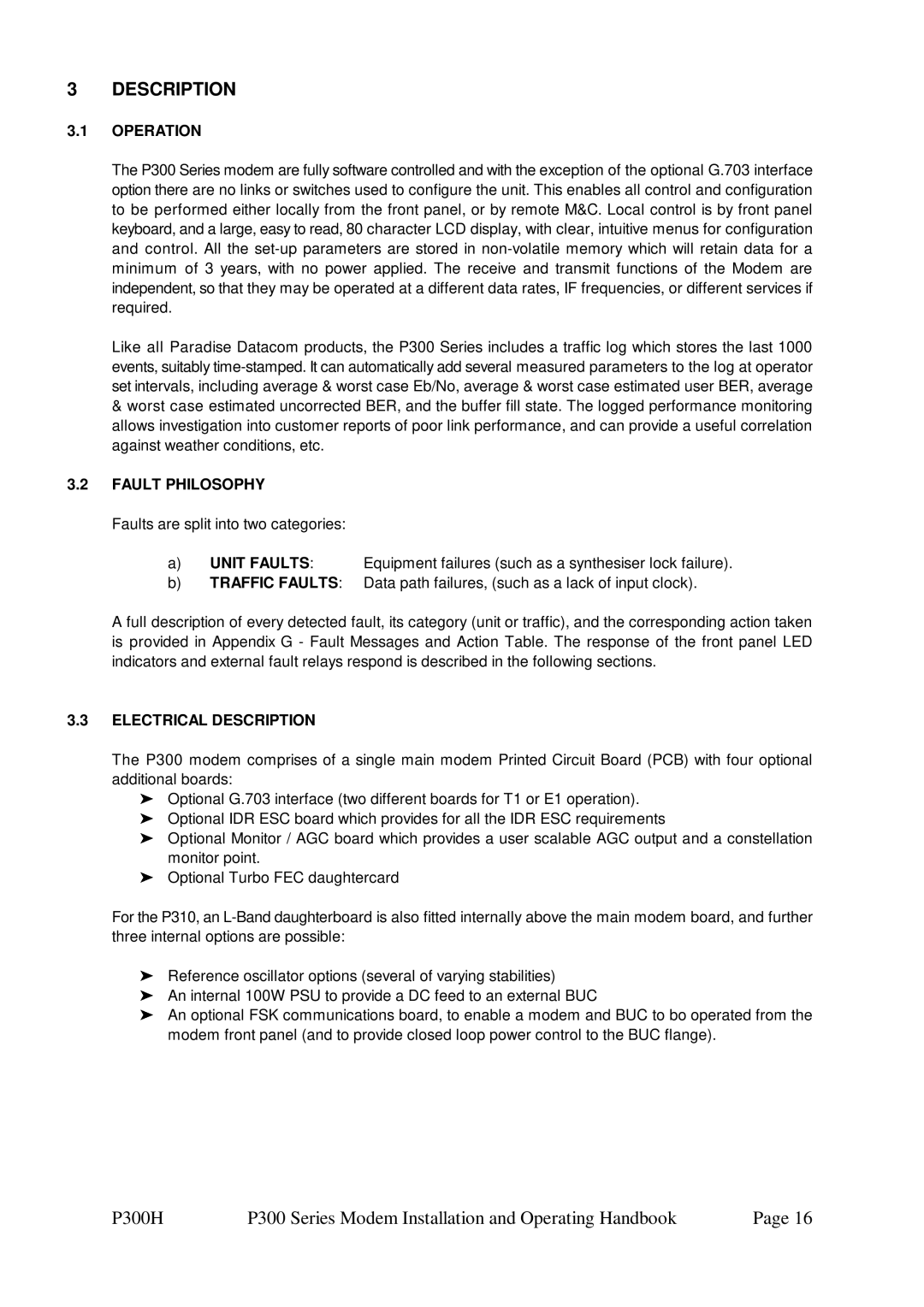 Paradise P300 specifications Operation, Fault Philosophy, Electrical Description 