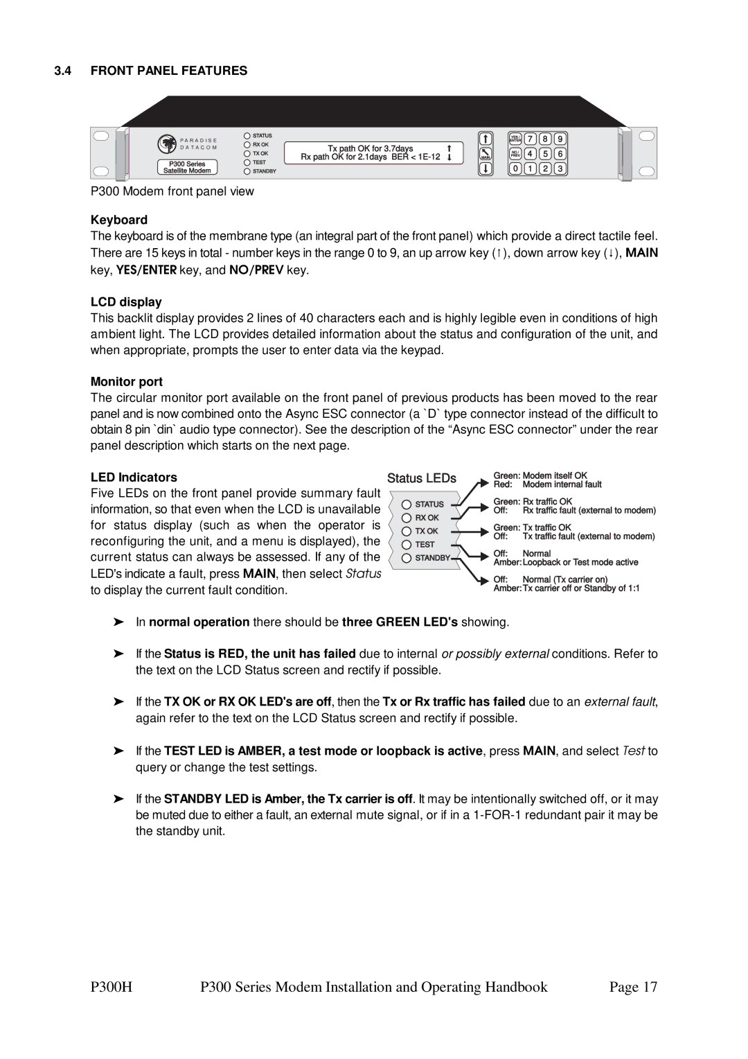 Paradise specifications Front Panel Features, P300 Modem front panel view, Keyboard 