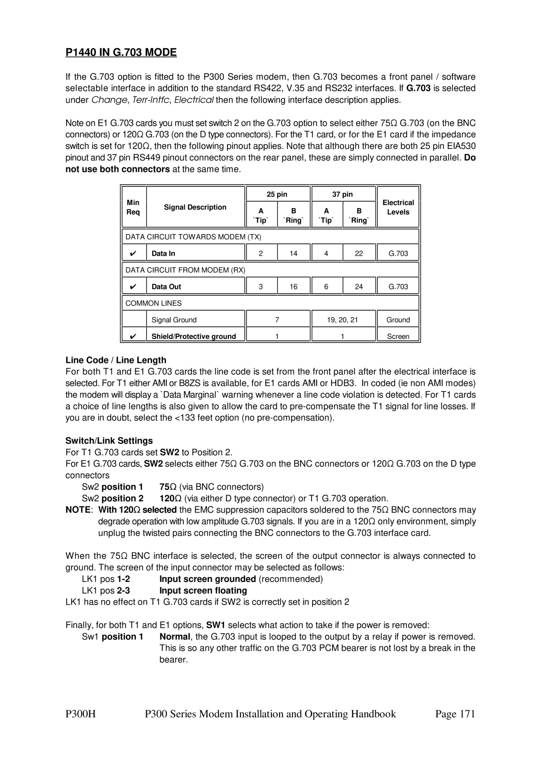 Paradise P300 specifications P1440 in G.703 Mode, Line Code / Line Length, Switch/Link Settings, Sw2 position 