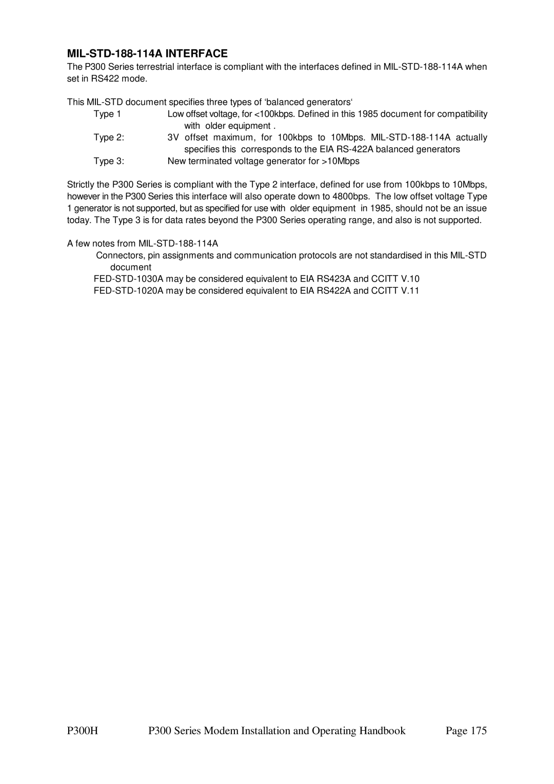 Paradise P300 specifications MIL-STD-188-114A Interface, With older equipment 