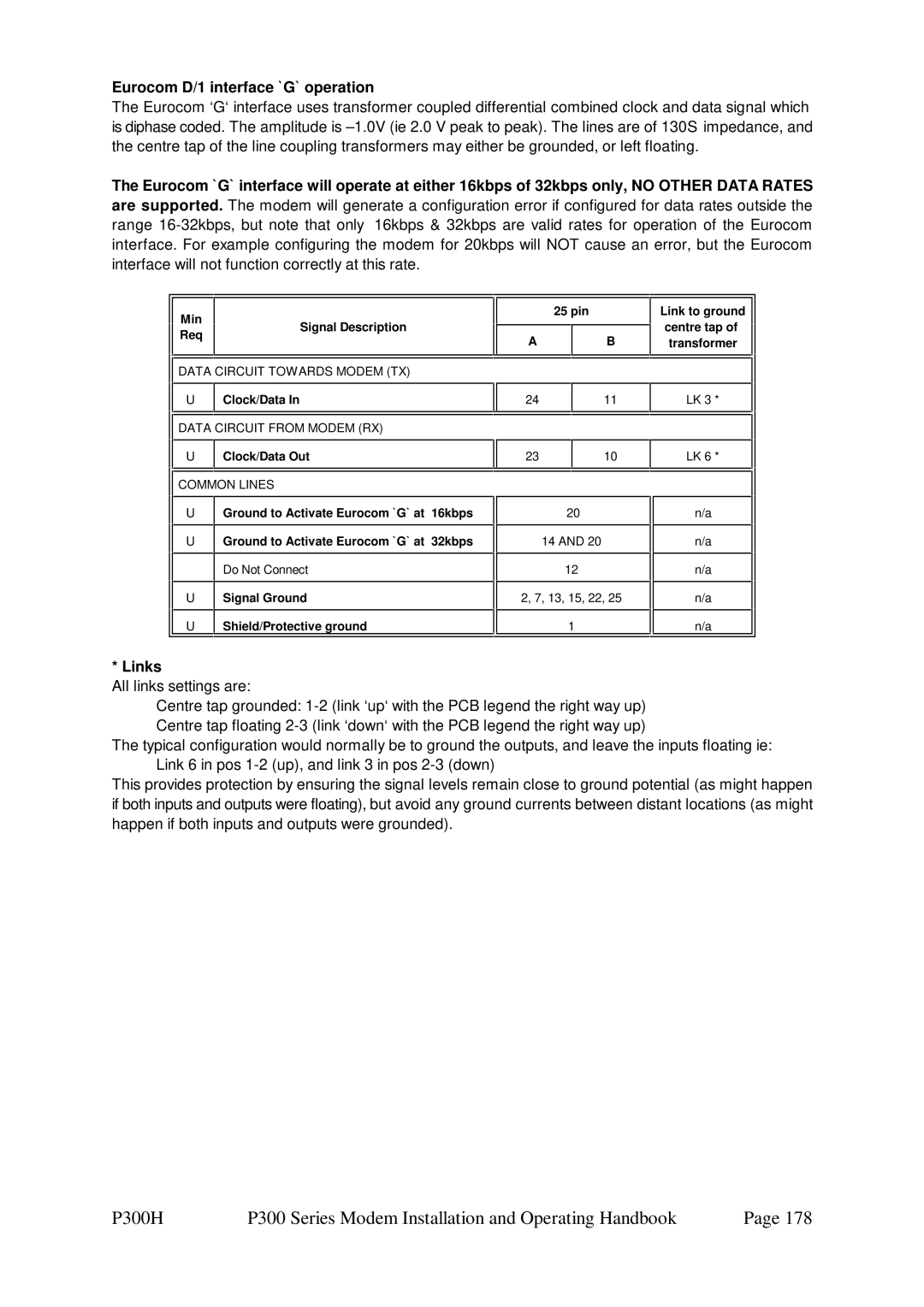 Paradise P300 specifications Eurocom D/1 interface `G` operation, Links, All links settings are 