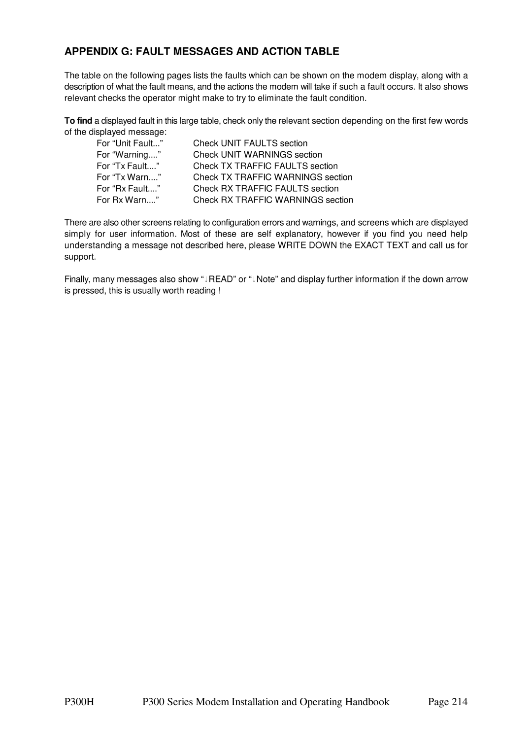 Paradise P300 specifications Appendix G Fault Messages and Action Table 