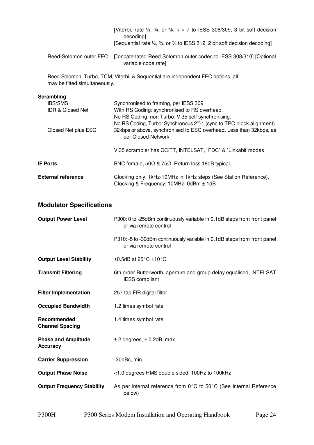 Paradise P300 Scrambling, Filter Implementation, Occupied Bandwidth, Recommended, Channel Spacing Phase and Amplitude 