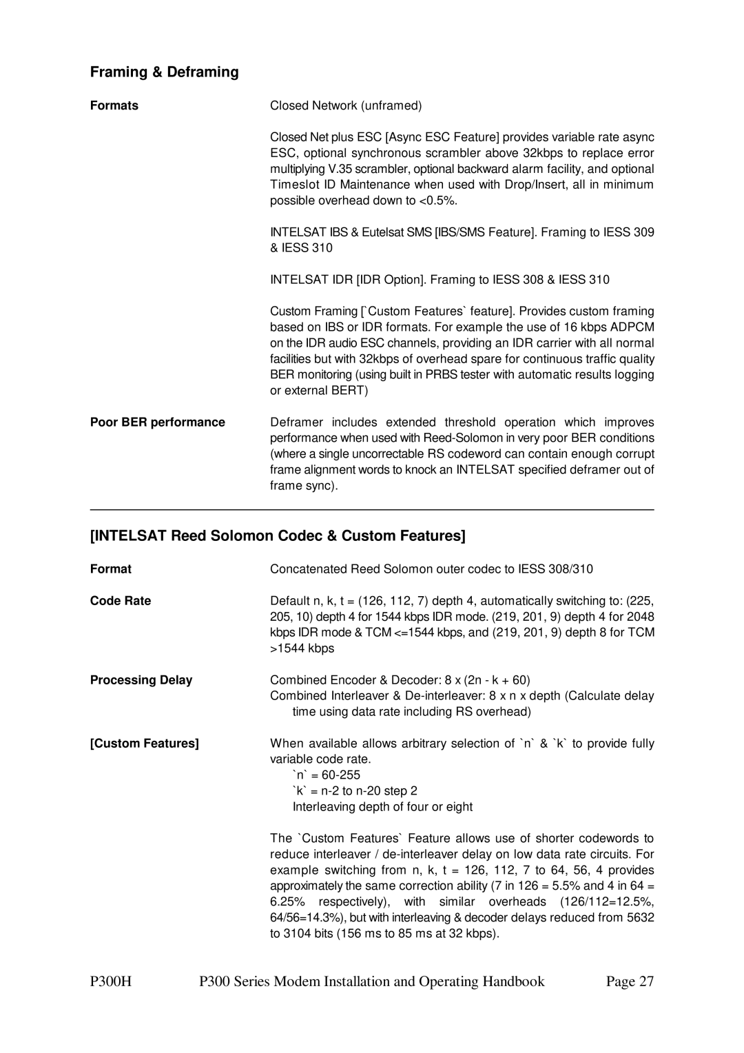 Paradise P300 specifications Framing & Deframing, Intelsat Reed Solomon Codec & Custom Features 