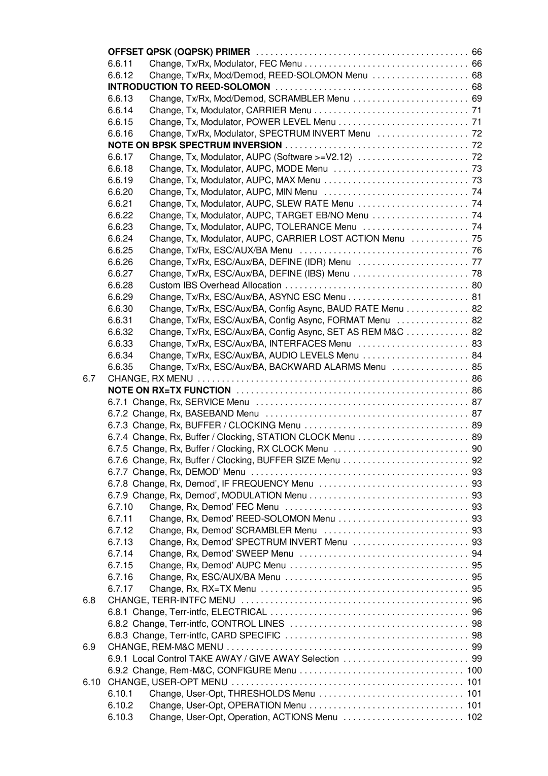 Paradise P300 Change, Tx/Rx, Mod/Demod, REED-SOLOMON Menu, Change, Tx/Rx, Mod/Demod, Scrambler Menu, 100, 101 