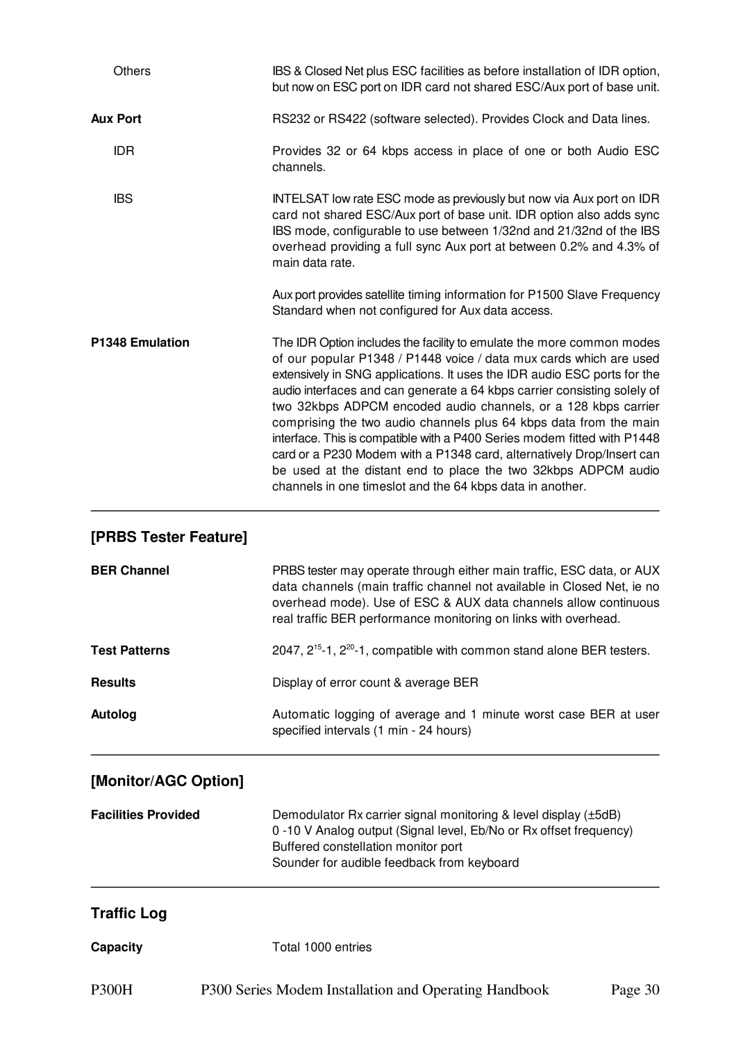 Paradise P300 specifications Prbs Tester Feature, Monitor/AGC Option, Traffic Log 