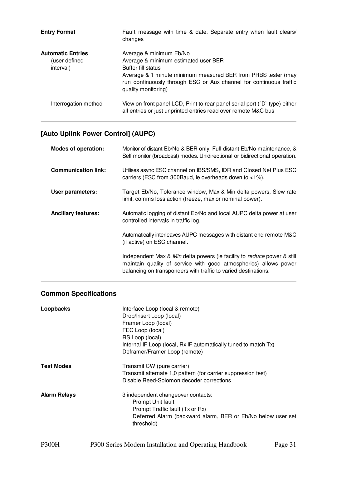 Paradise P300 specifications Auto Uplink Power Control Aupc, Common Specifications 