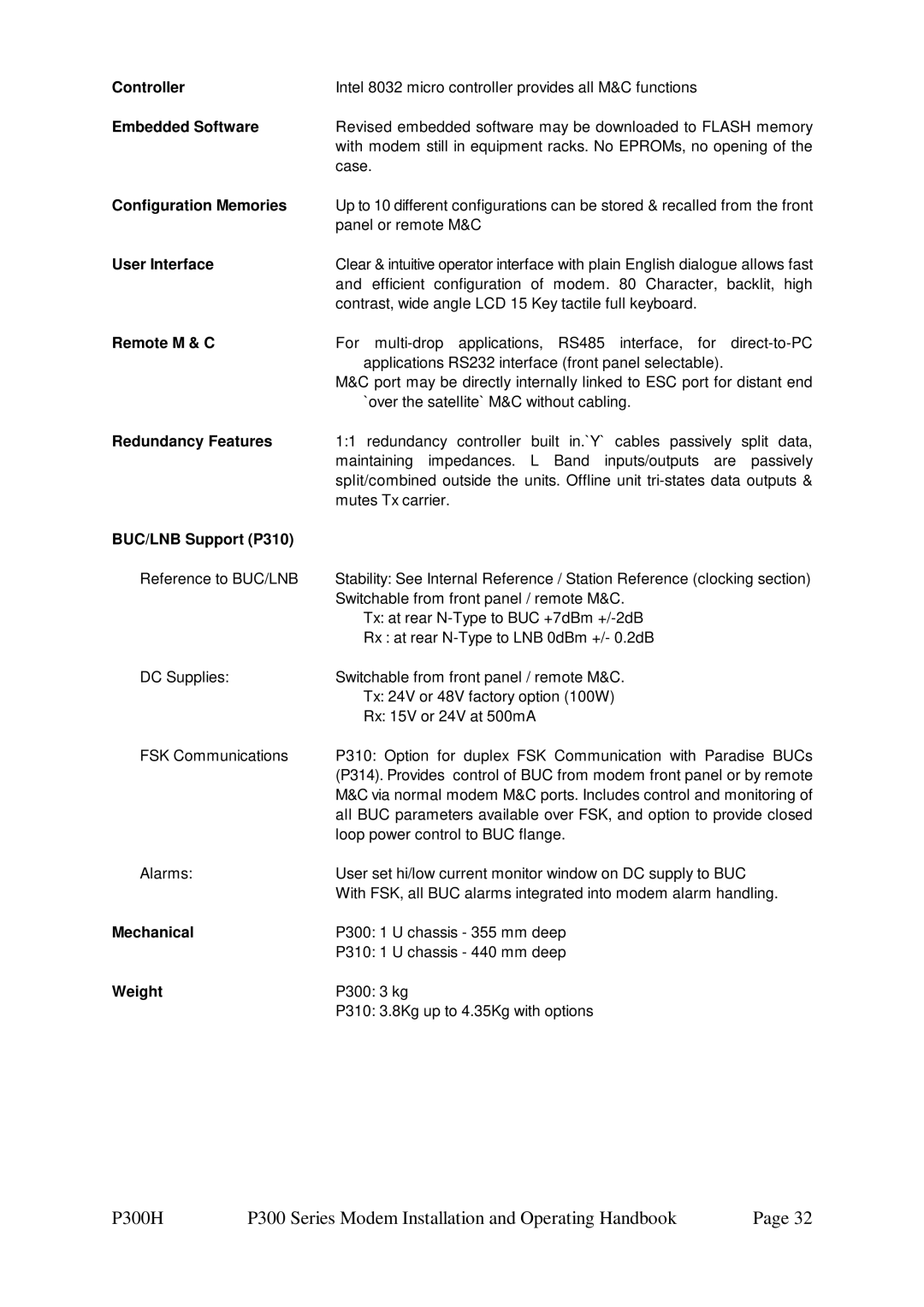 Paradise P300 Controller, Embedded Software, Configuration Memories, User Interface, Remote M & C, Redundancy Features 