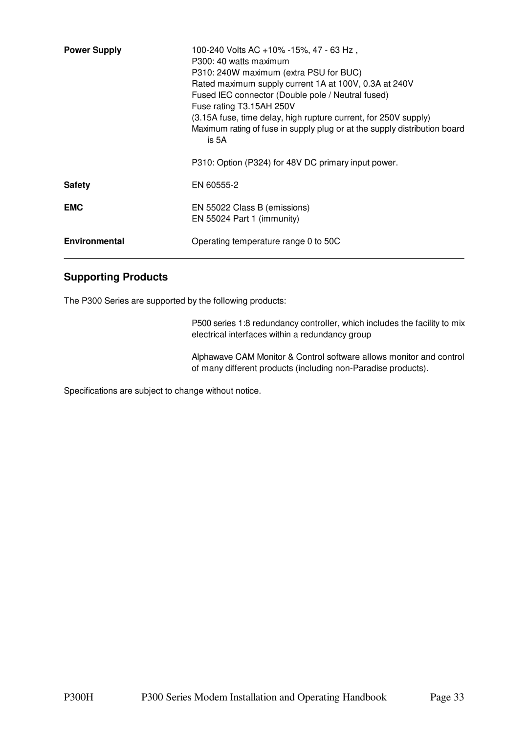 Paradise P300 specifications Supporting Products, Power Supply, Safety, Emc 