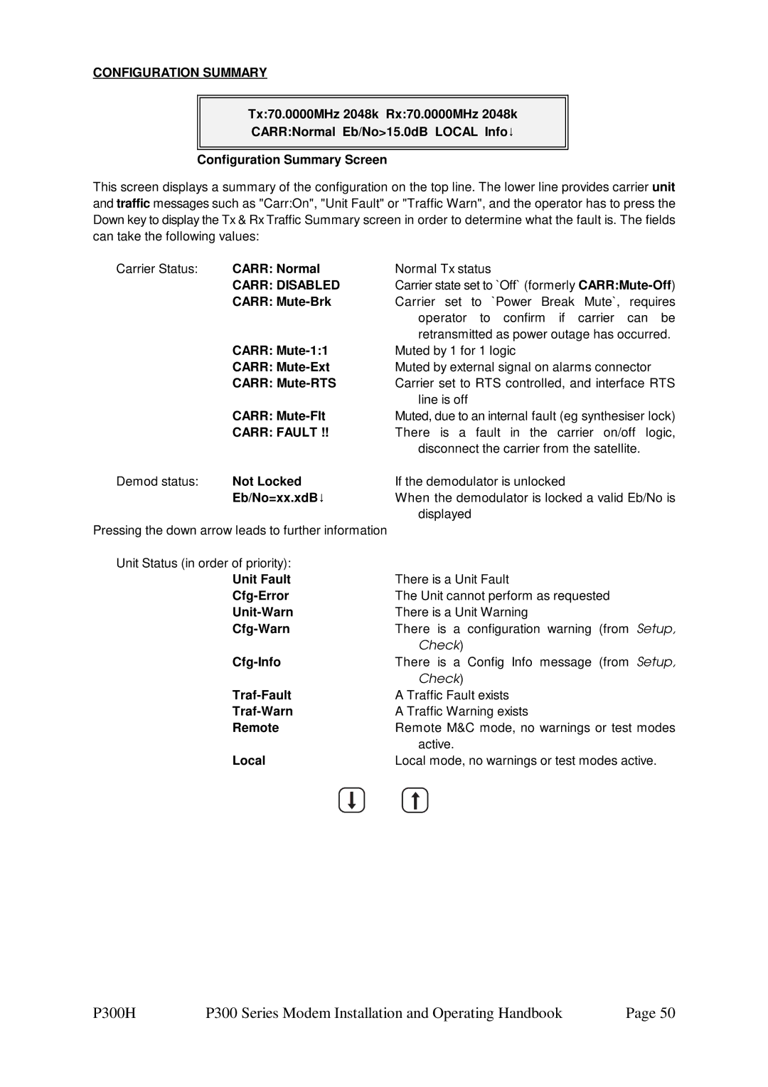 Paradise P300 specifications Configuration Summary, Carr Disabled, Carr Fault 