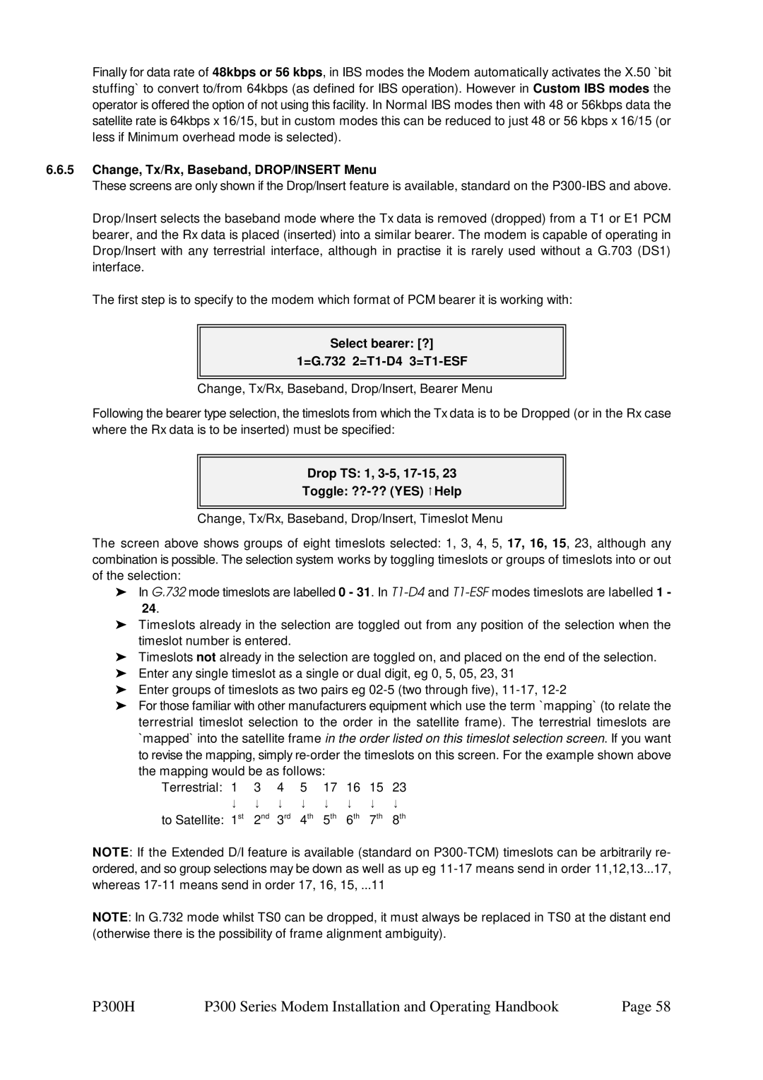 Paradise P300 specifications Change, Tx/Rx, Baseband, DROP/INSERT Menu, Select bearer ? =G.732 2=T1-D4 3=T1-ESF 