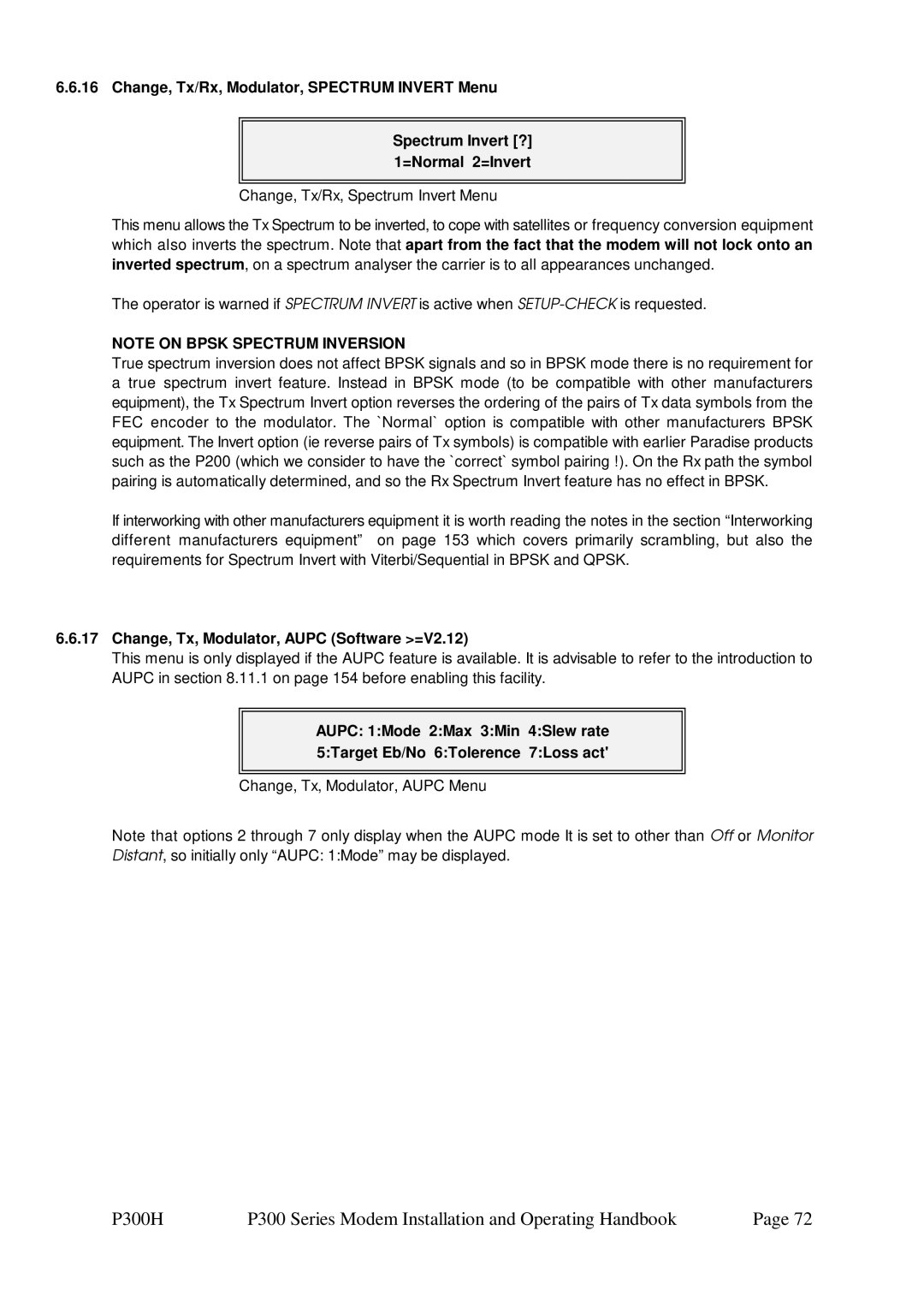 Paradise P300 specifications Change, Tx, Modulator, Aupc Software =V2.12, Change, Tx, Modulator, Aupc Menu 