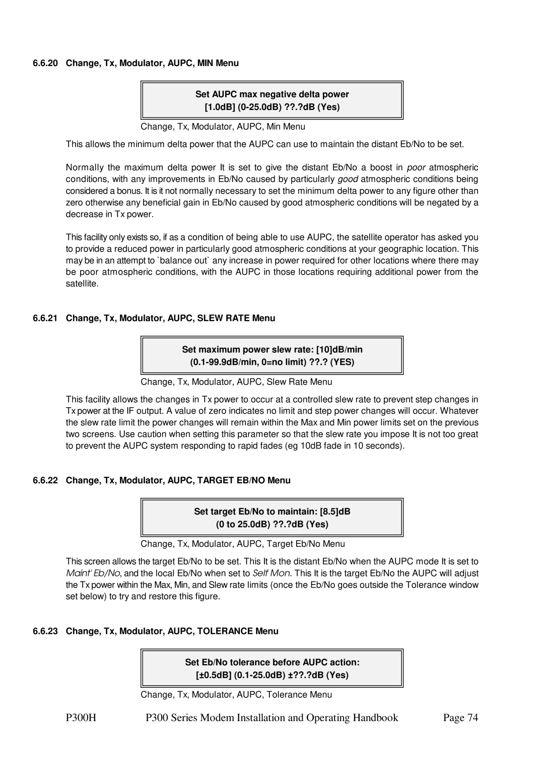 Paradise P300 specifications Change, Tx, Modulator, AUPC, Tolerance Menu 