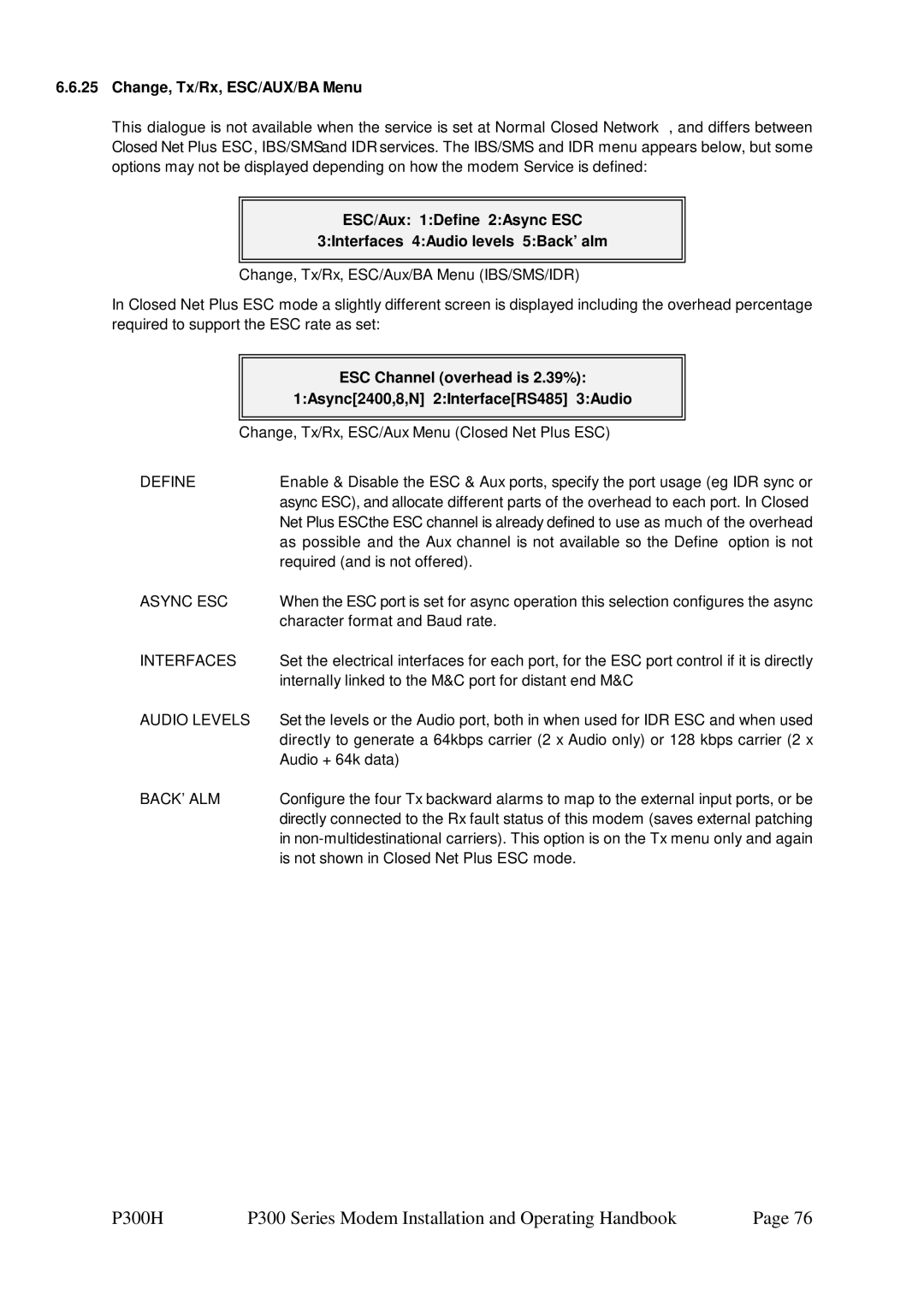 Paradise P300 specifications Change, Tx/Rx, ESC/AUX/BA Menu 