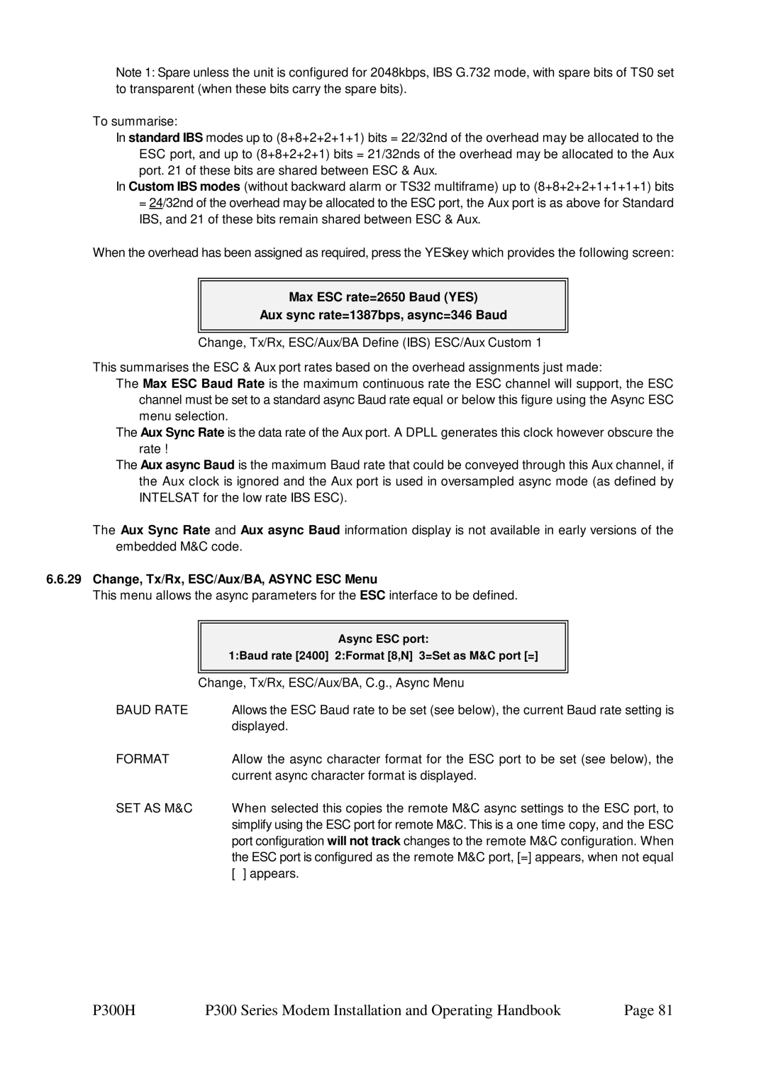 Paradise P300 specifications Change, Tx/Rx, ESC/Aux/BA, Async ESC Menu, Baud Rate, Format, Set As M&C 